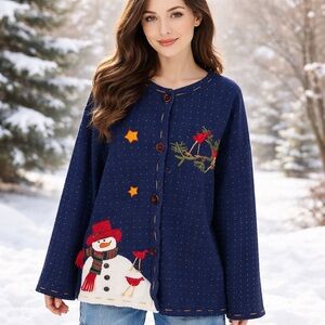 Jacket Women Large Handmade Pocket Blue Snowman Holiday Christmas Redbirds